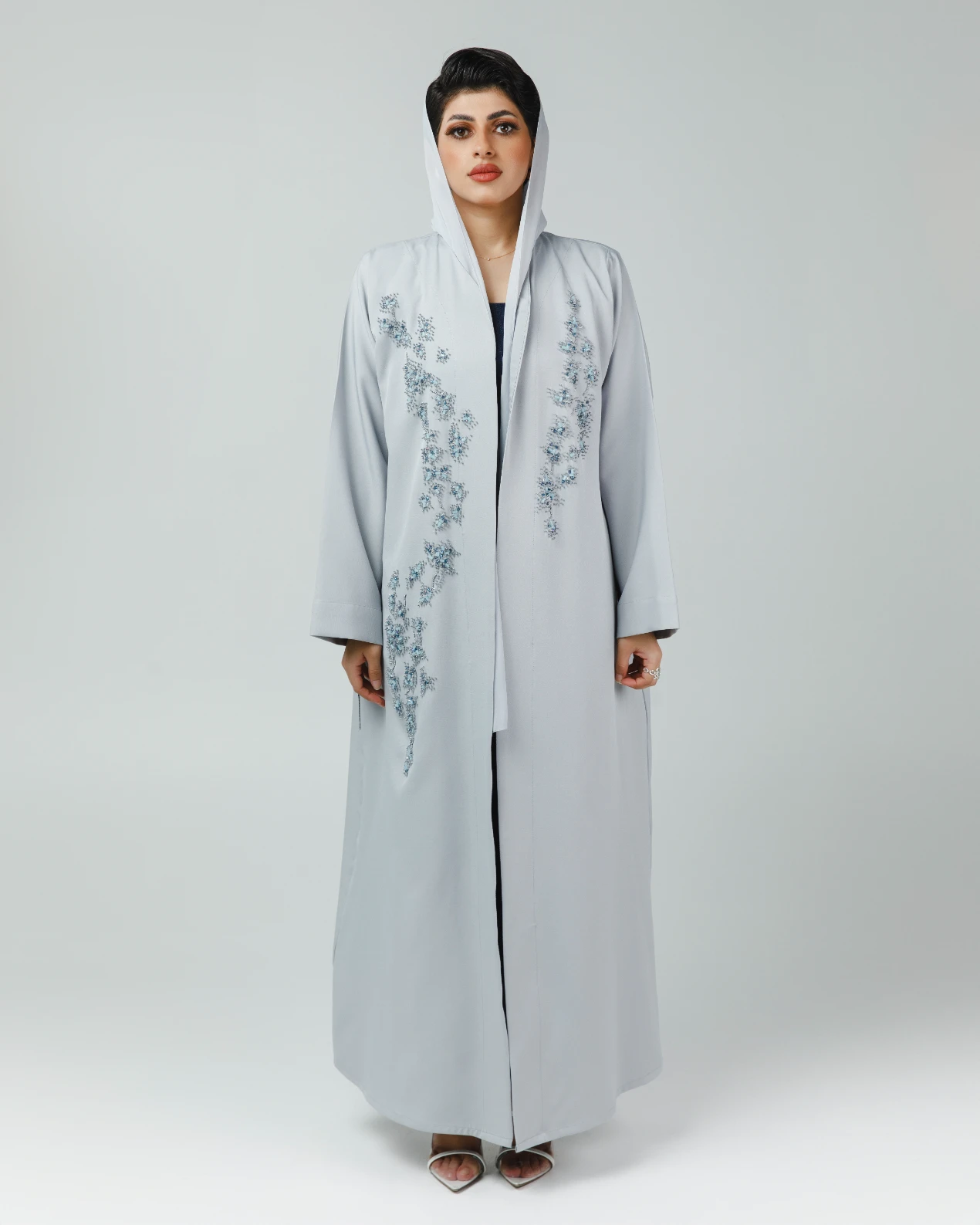 elegant grayish blue open abaya