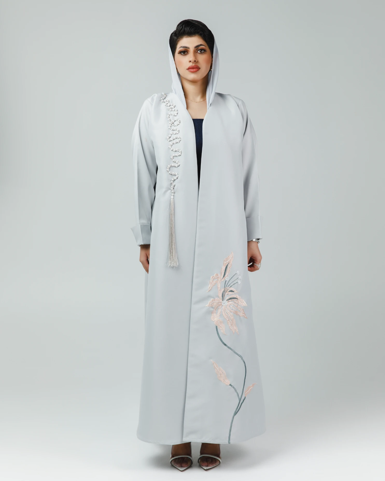 gray open abaya with embroidery