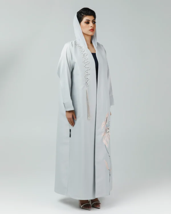 gray open abaya with embroidery