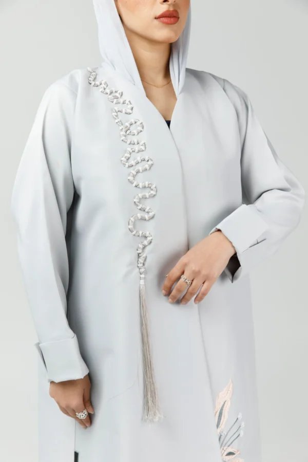 gray open abaya with embroidery