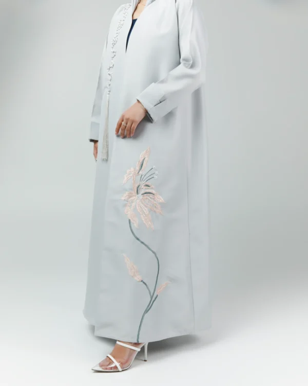 gray open abaya with embroidery