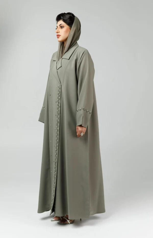 sage green abaya with beads